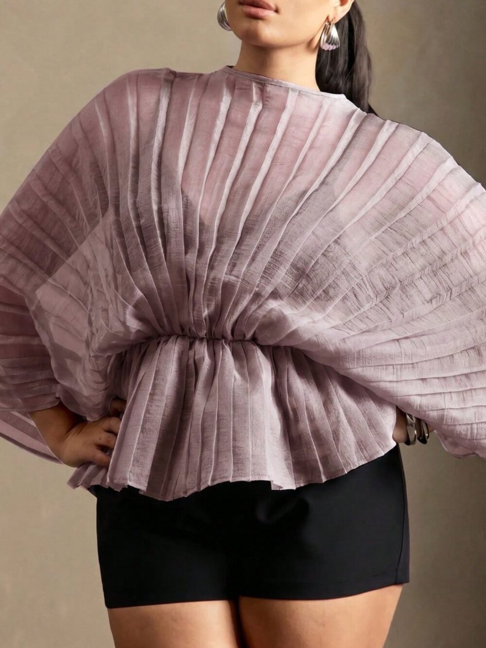 Mauve Purple Elegant Women's Sheer Long Sleeve Ruffle Hem Pleated Blouse